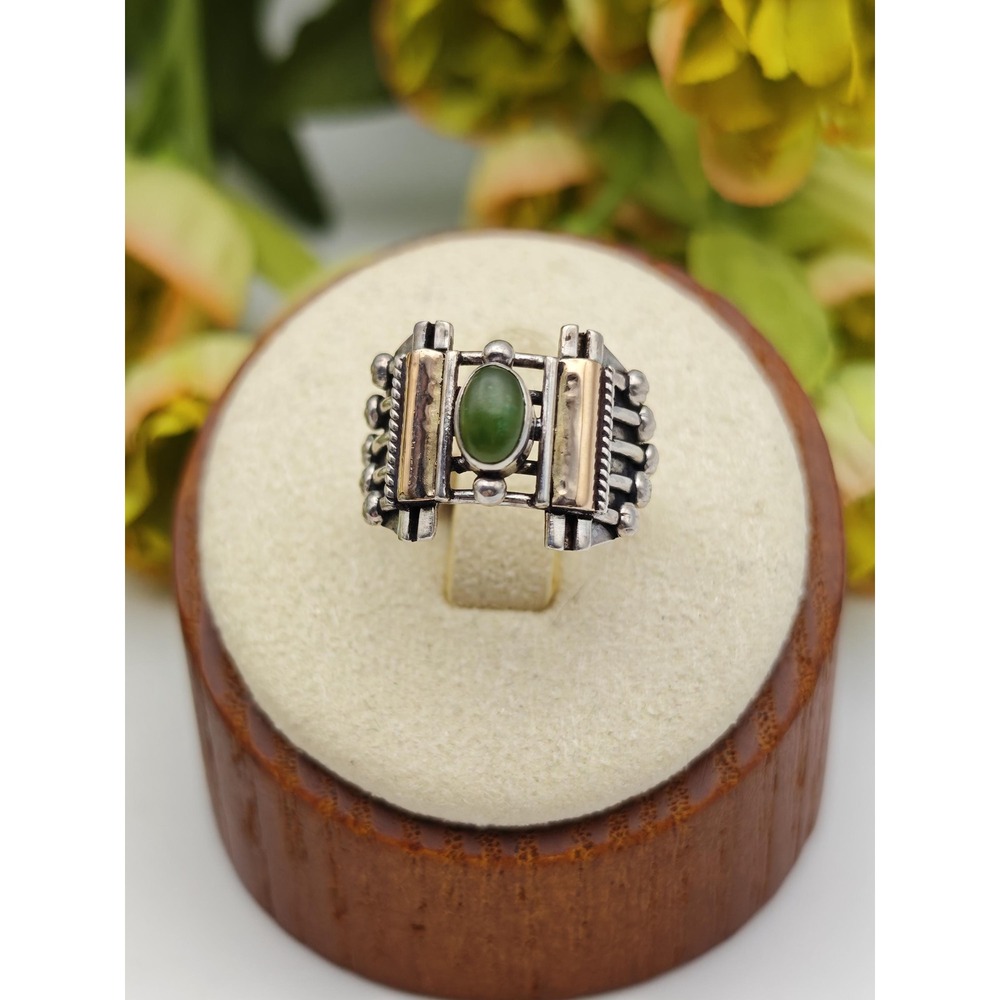 Artisan Handmade Jade Sterling Silver 18K Gold Ring Womens Size 4 Green Boho
